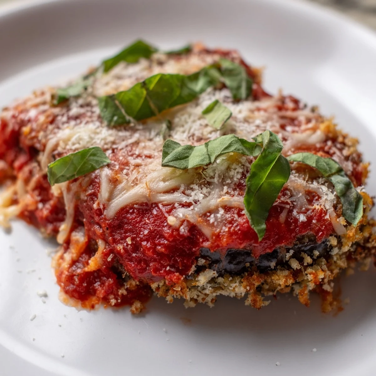 This baked eggplant parmesan recipe features golden, crispy layers of breaded slices topped with melted mozzarella and fresh basil.