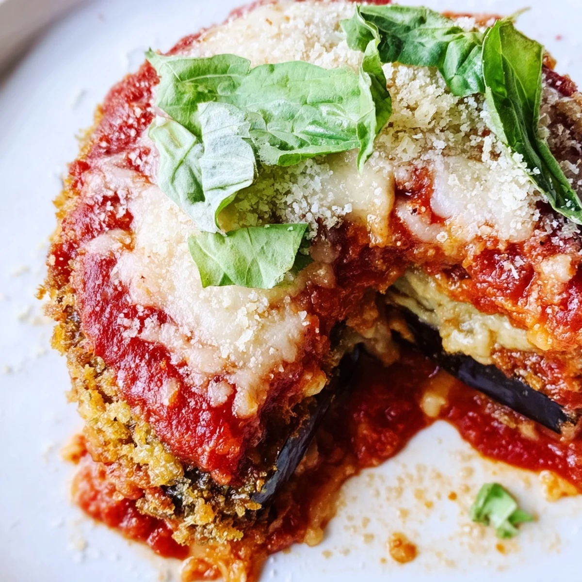 Freshly baked eggplant parmesan casserole with melted mozzarella, rich tomato sauce, and torn basil leaves garnish.