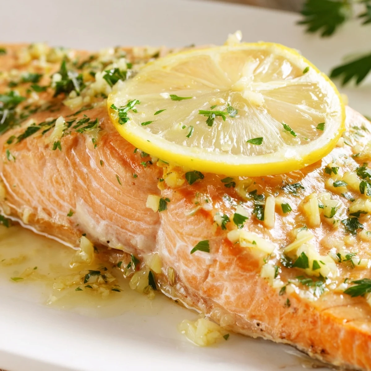Tender flaky fillet of Baked Lemon Garlic Salmon with Butter rests on a plate, garnished with fresh parsley for a weeknight dinner.