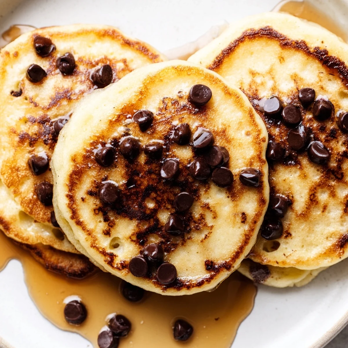 Freshly cooked Chocolate Chip Pancakes with syrup drizzle on a plate next to a pitcher of maple syrup. 