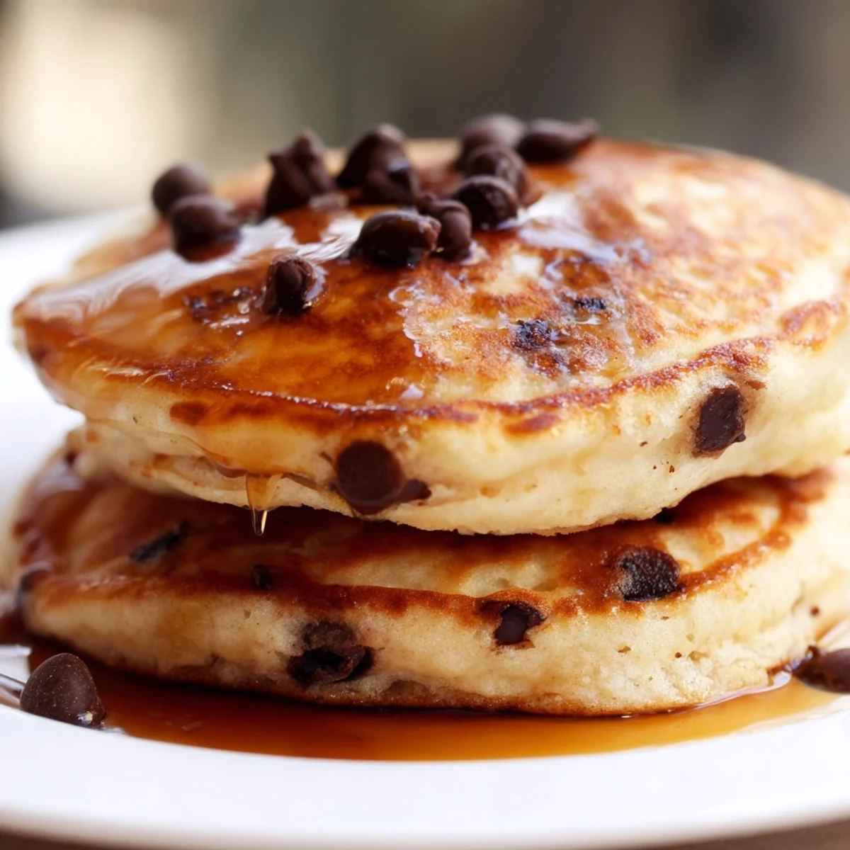 Stack of fluffy golden Chocolate Chip Pancakes dripping with maple syrup and a few chocolate chips on top. 