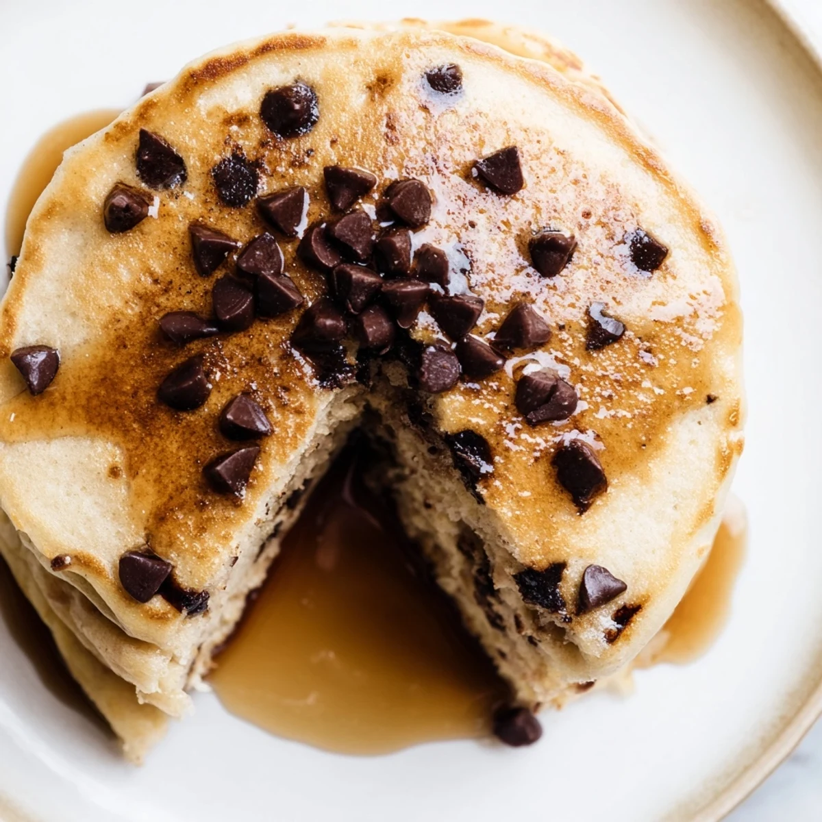 A warm serving of Chocolate Chip Pancakes stacked high, melty chocolate chips visible, perfect for a sweet breakfast.