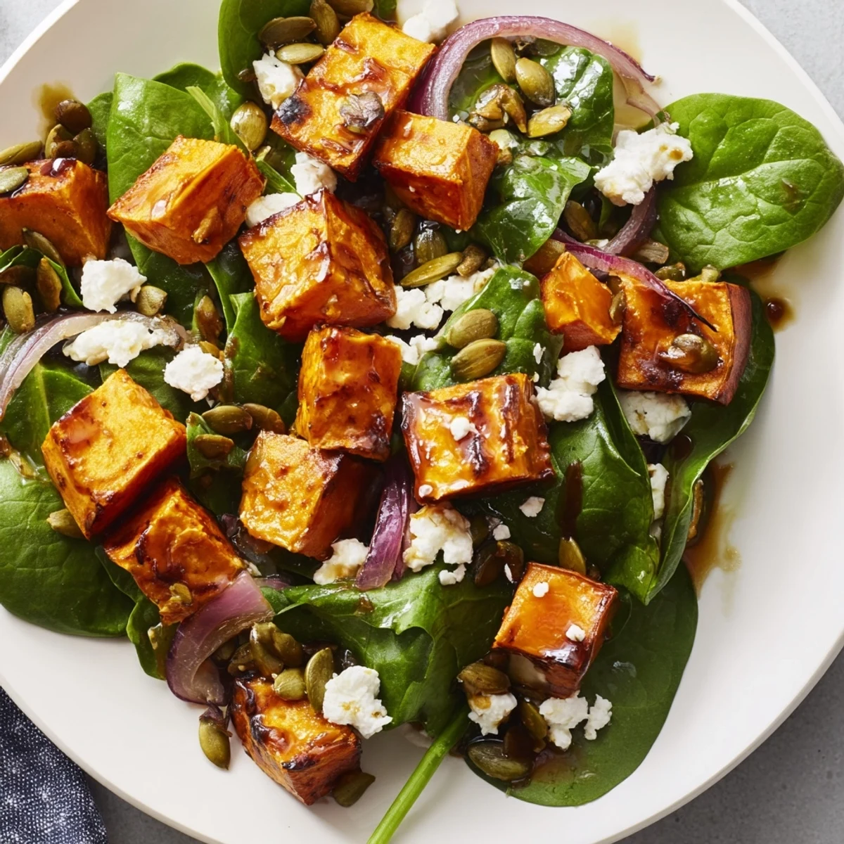 A vibrant bowl of Roasted Sweet Potato Salad with caramelized chunks, fresh greens, and crumbled feta.