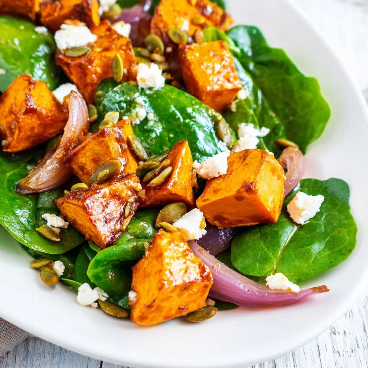 Hearty Roasted Sweet Potato Salad featuring golden cubes, crunchy pepitas, and a tangy homemade vinaigrette.