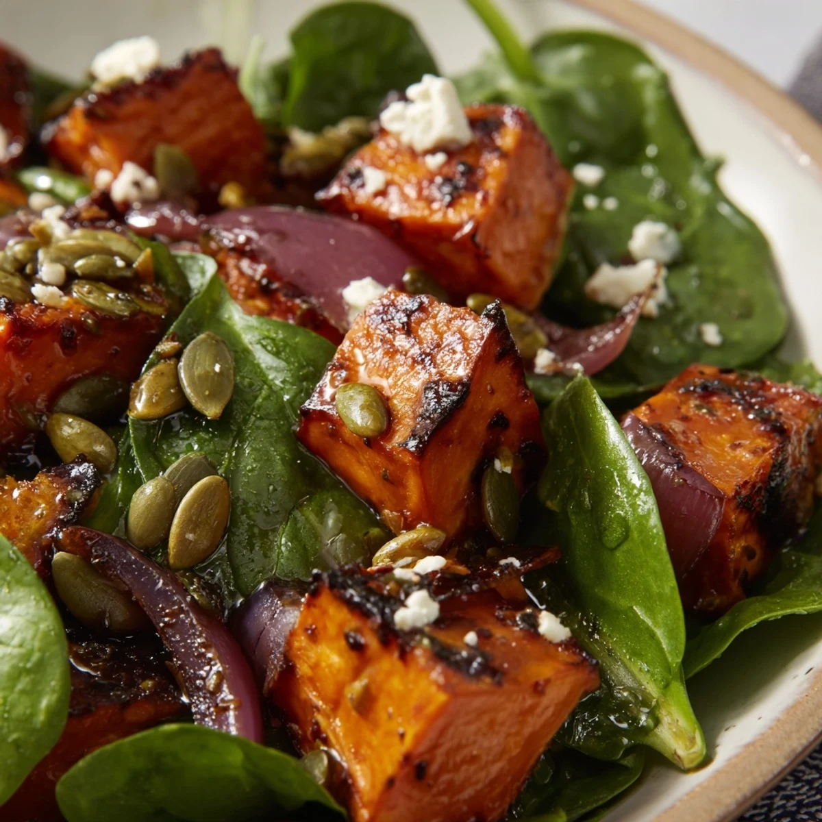 Close-up of Roasted Sweet Potato Salad with bright spinach, red onion, and a drizzle of dressing.