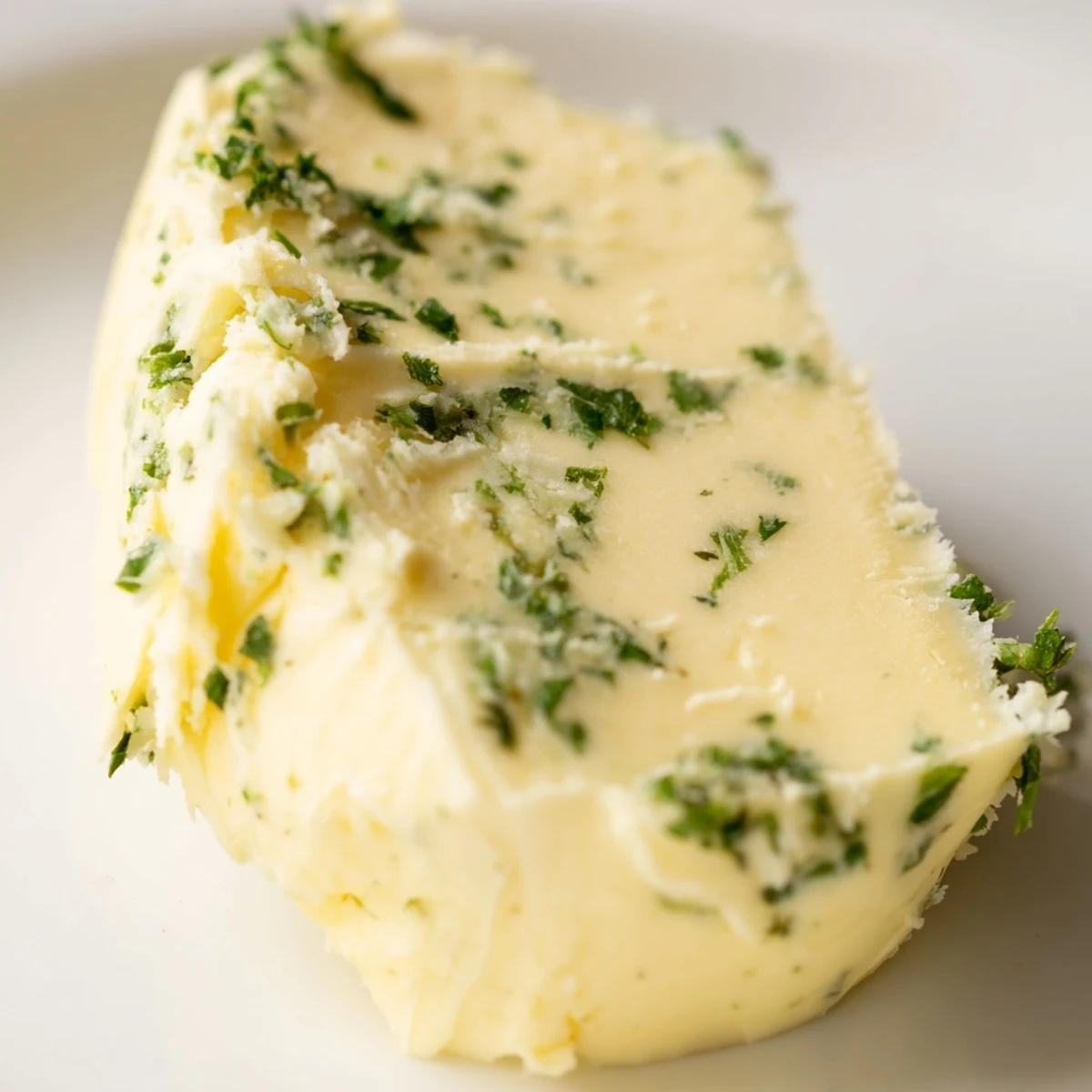 Fresh Garlic Herb Butter with Parsley in a white bowl, ready to spread on warm bread.