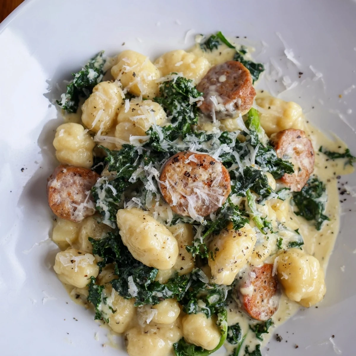 Creamy Gnocchi with Sausage and Kale served warm in a skillet with a rich garlic-parmesan sauce and crusty bread.
