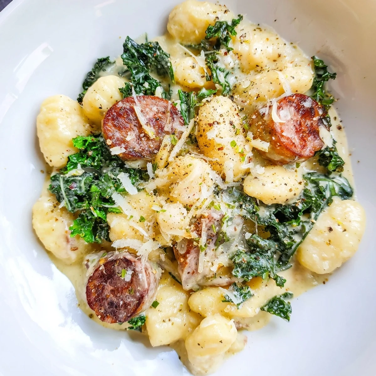 A close-up of Creamy Gnocchi with Sausage and Kale, featuring tender gnocchi, sliced halal sausage, and wilted greens.
