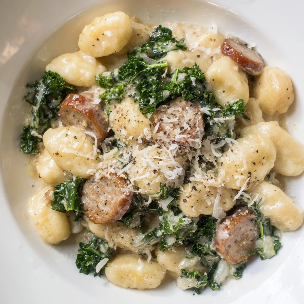 Plated Creamy Gnocchi with Sausage and Kale beside a fresh salad, garnished with extra parmesan and black pepper.