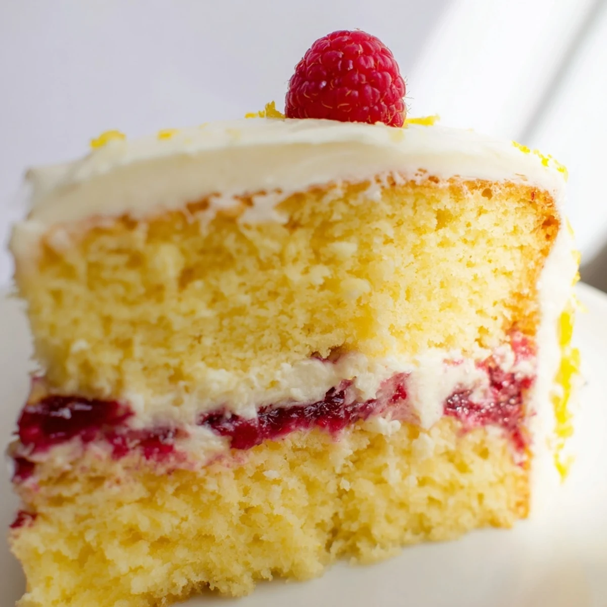 A moist Lemon Raspberry Layer Cake slice reveals fluffy lemon sponge, vibrant raspberry jam, and creamy lemon frosting on a plate.