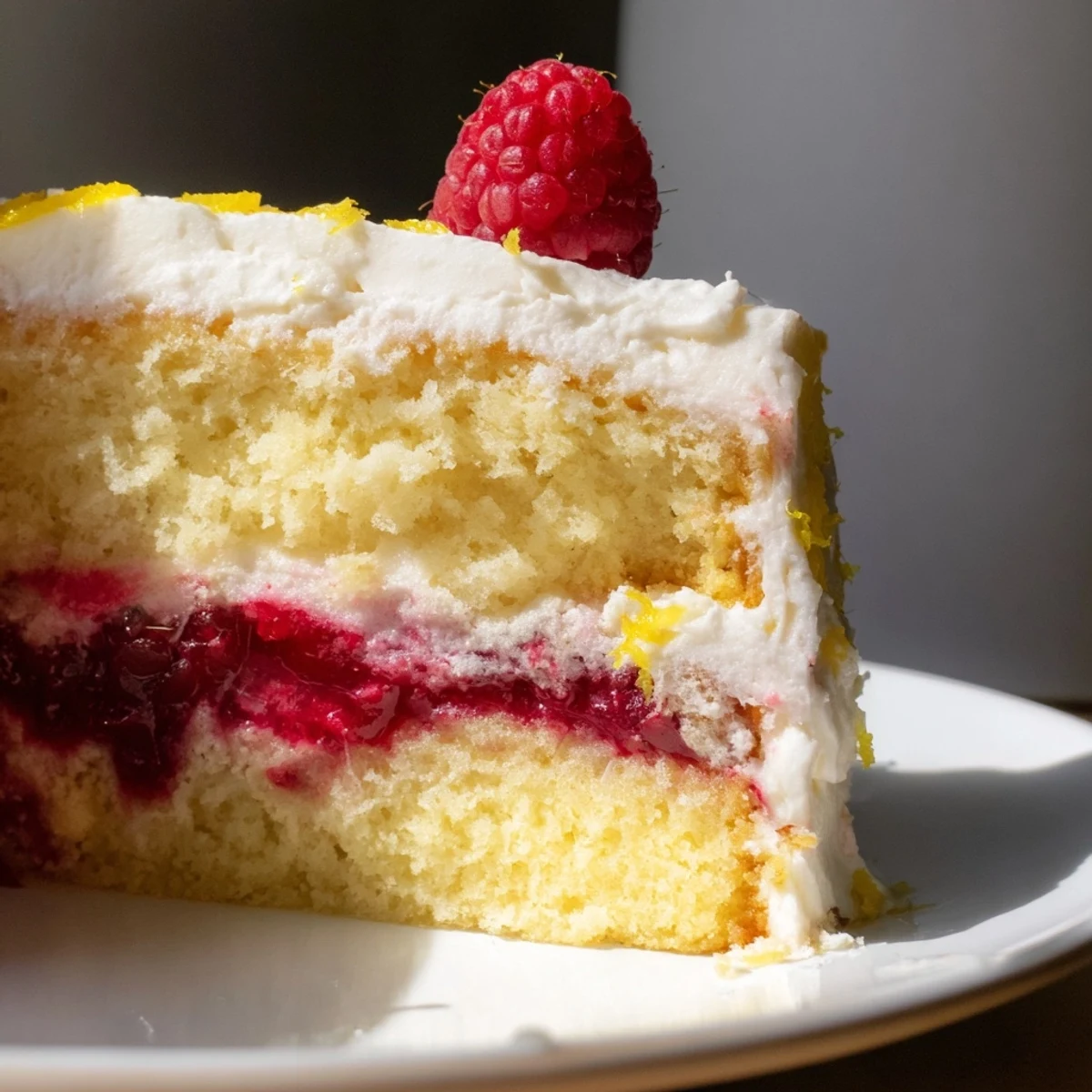 Perfectly decorated Lemon Raspberry Layer Cake topped with fresh raspberries and lemon slices, ideal for celebrations or afternoon dessert.
