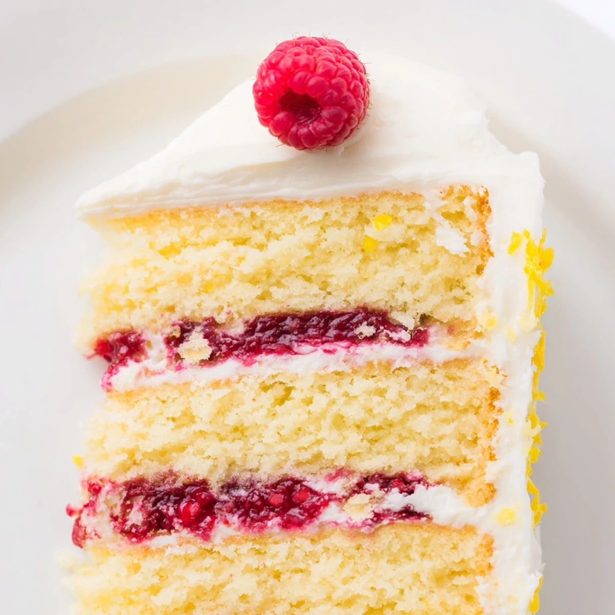 Freshly baked Lemon Raspberry Layer Cake with fluffy lemon sponge layers, tangy raspberry filling, and luscious cream cheese frosting.