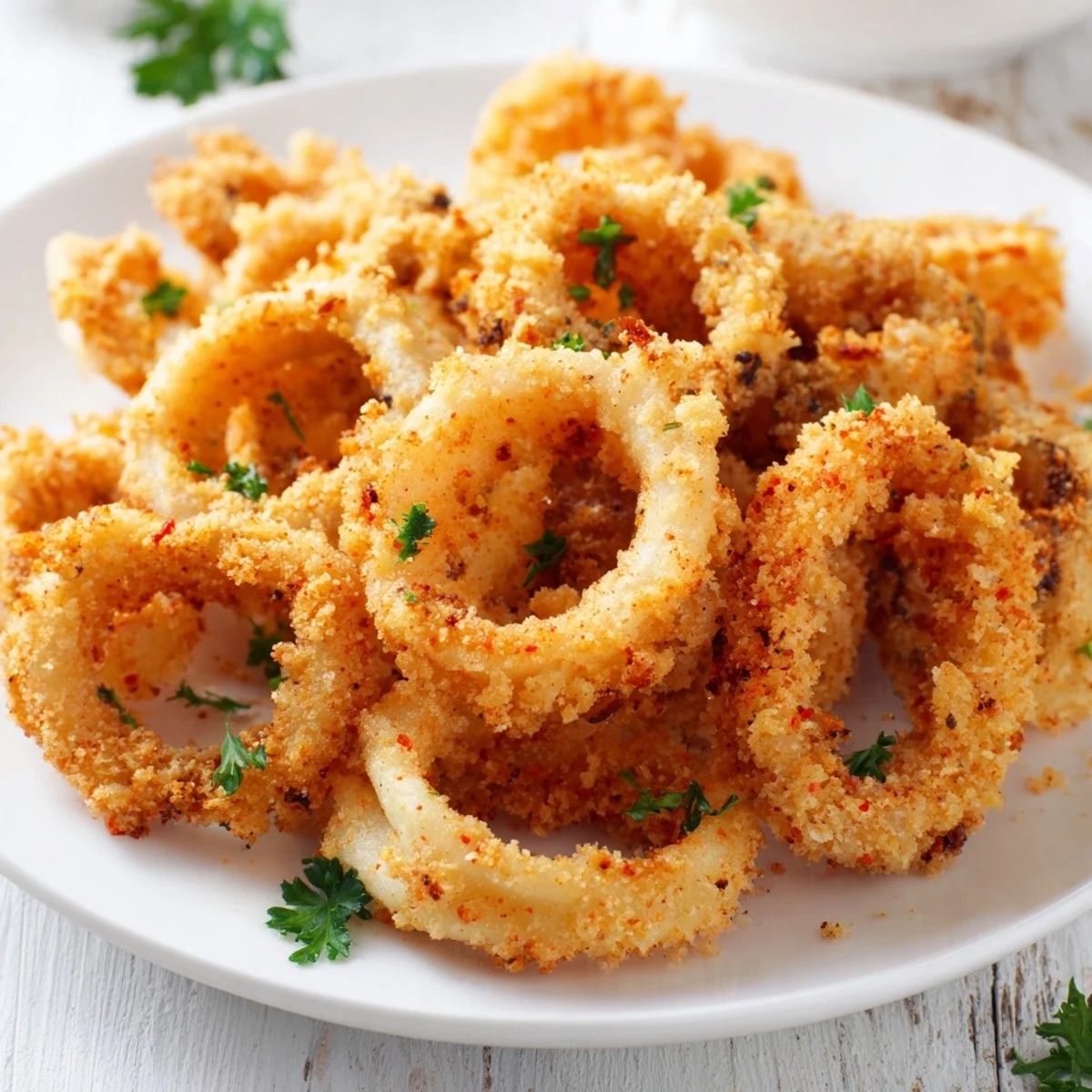 Plate of Crispy Calamari with Marinara Sauce, lemon wedges, and fresh parsley for a classic Italian presentation.