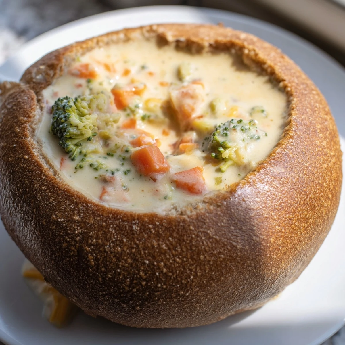 Creamy Broccoli Cheddar Soup in a bread bowl, garnished with fresh chives and extra grated cheese for a cozy meal.