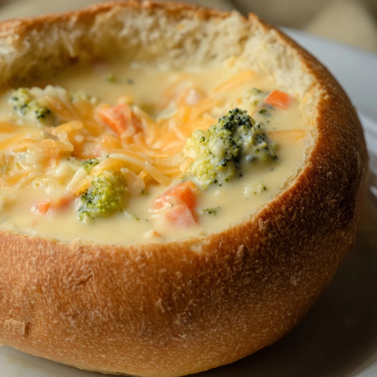 A hearty Creamy Broccoli Cheddar Soup ladled into a hollowed-out bread bowl, topped with melted cheddar and black pepper.