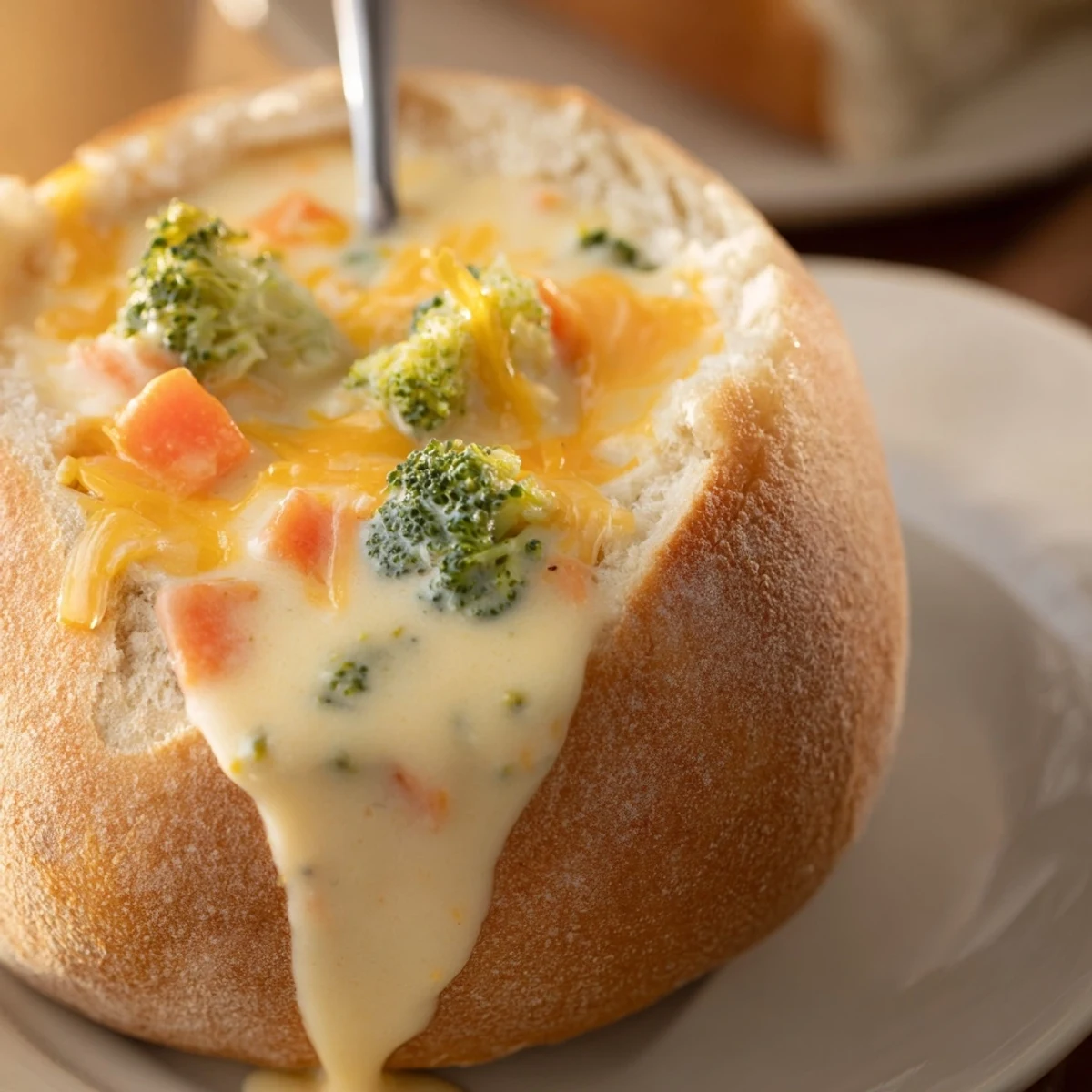 Steaming bowl of Creamy Broccoli Cheddar Soup served inside a crusty sourdough bread bowl, perfect for lunch or dinner.