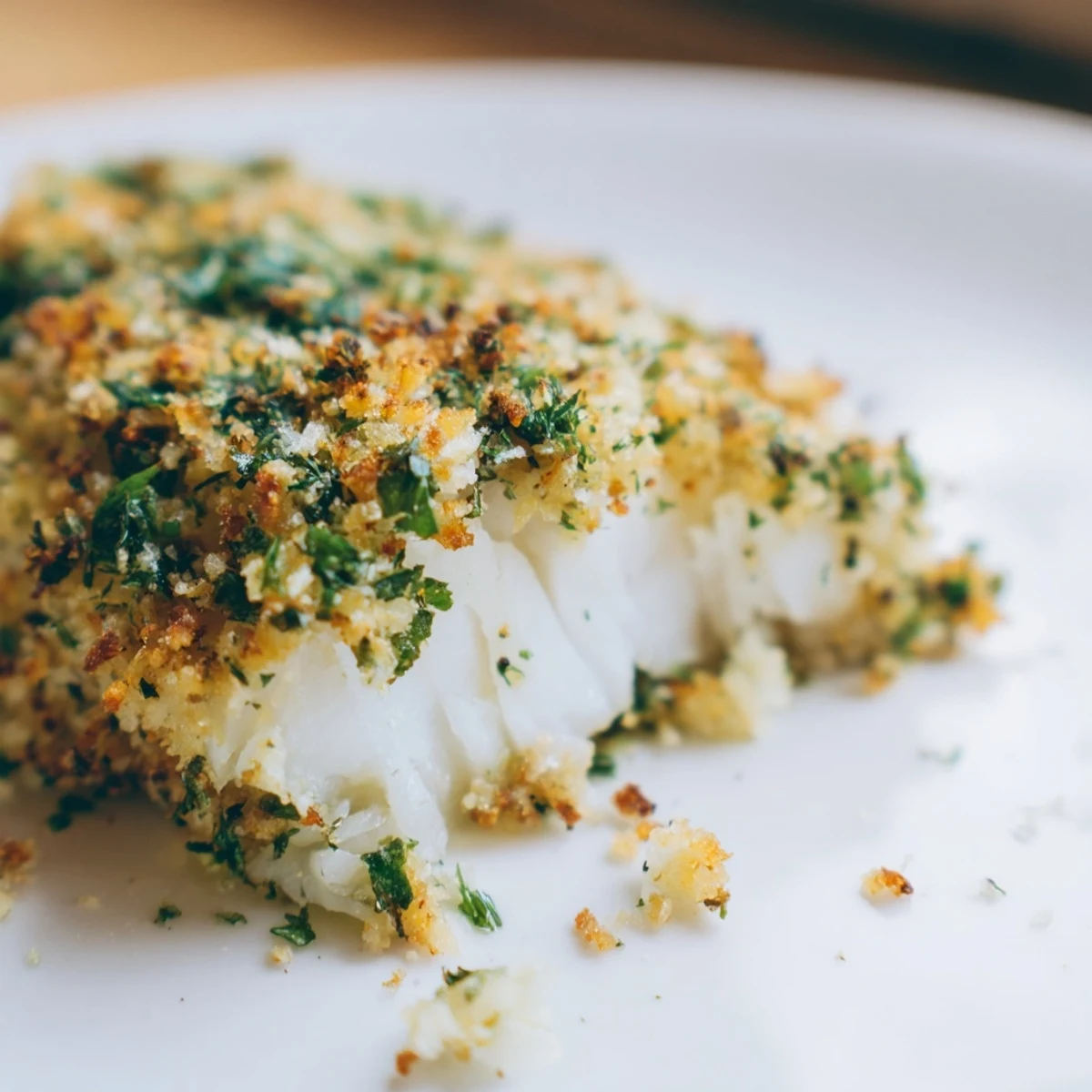 Golden-brown Baked Cod with Panko and Herb Crust fillets rest on a baking sheet, garnished with fresh herbs and served with lemon wedges.