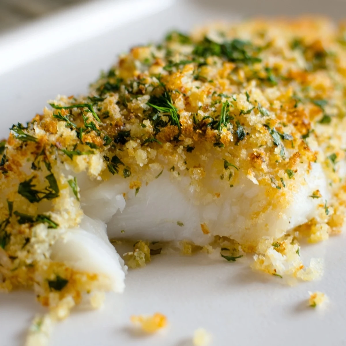Flaky white fish topped with a crisp, herbaceous panko crust, ready to serve alongside bright lemon wedges for a zesty finish.