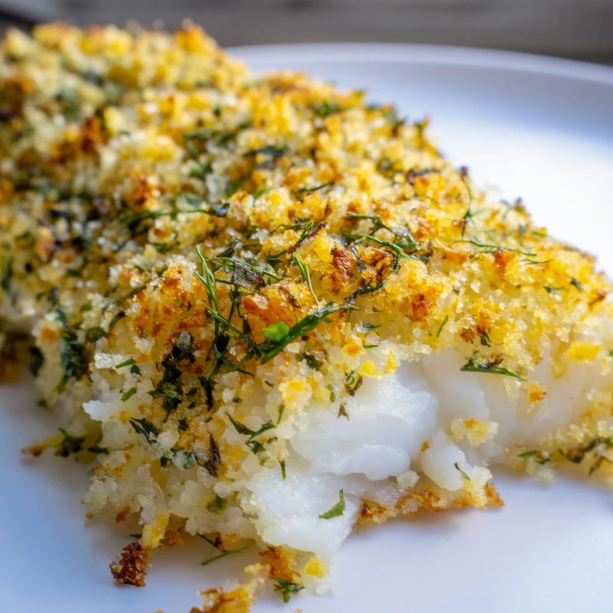 Four juicy Baked Cod with Panko and Herb Crust fillets baked to perfection, highlighting a crunchy, golden topping and tender, flaky fish.