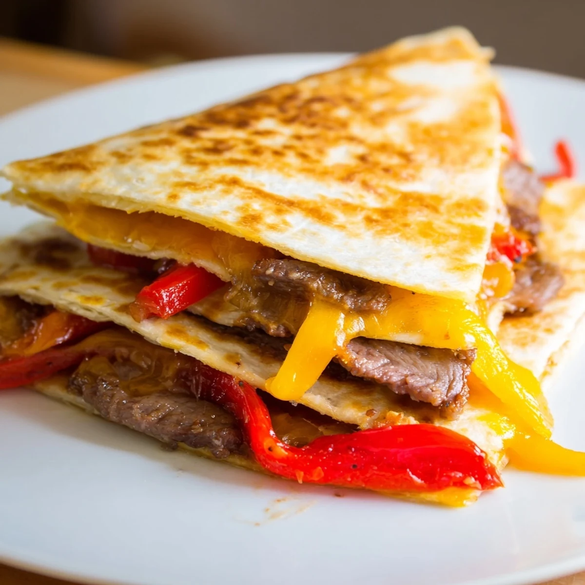Golden-brown Beef Quesadillas with salsa and guacamole on a rustic plate, showing melted cheddar and seasoned steak.