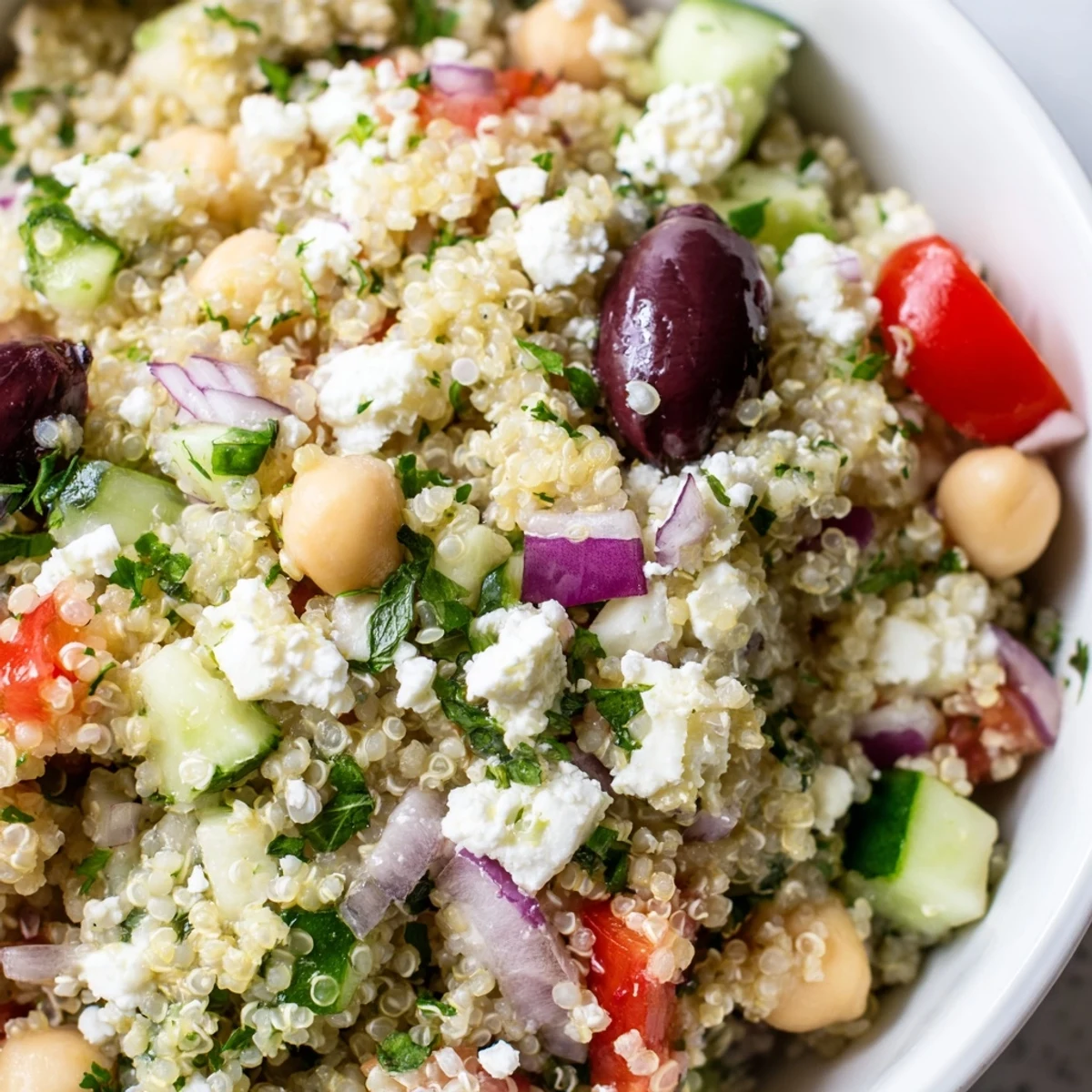 A close-up of Mediterranean Quinoa Salad with Chickpeas, featuring fluffy quinoa, crisp vegetables, and a zesty lemon-herb dressing.