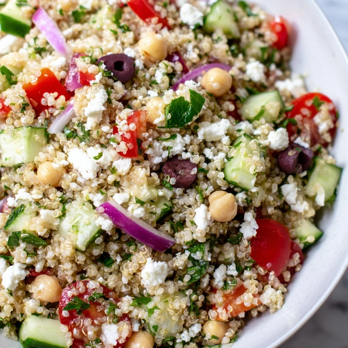 Vibrant Mediterranean Quinoa Salad with Chickpeas in a white bowl, topped with feta, Kalamata olives, and fresh herbs, ready to serve.