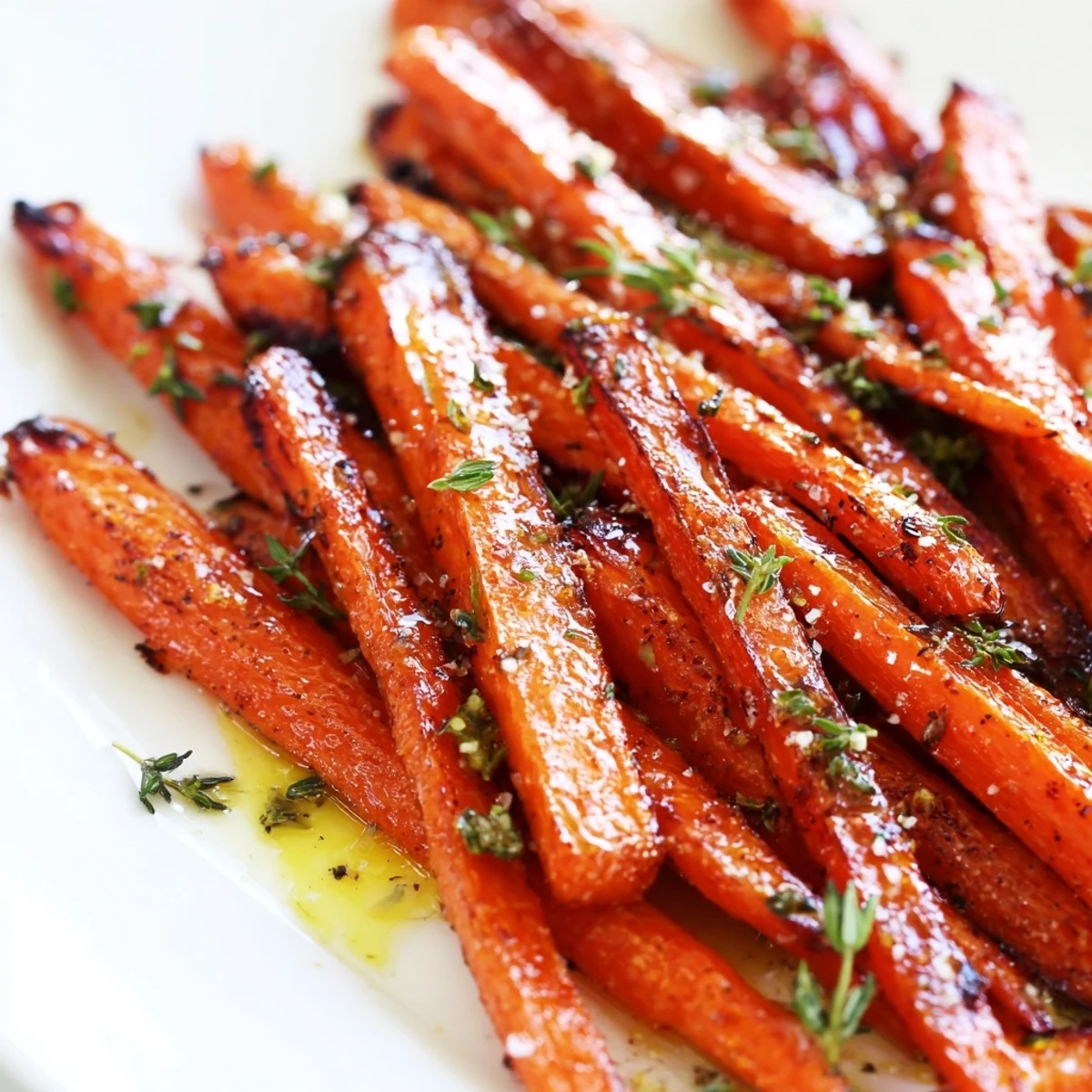 Golden roasted carrots with honey and thyme glisten on a white platter, garnished with fresh parsley.