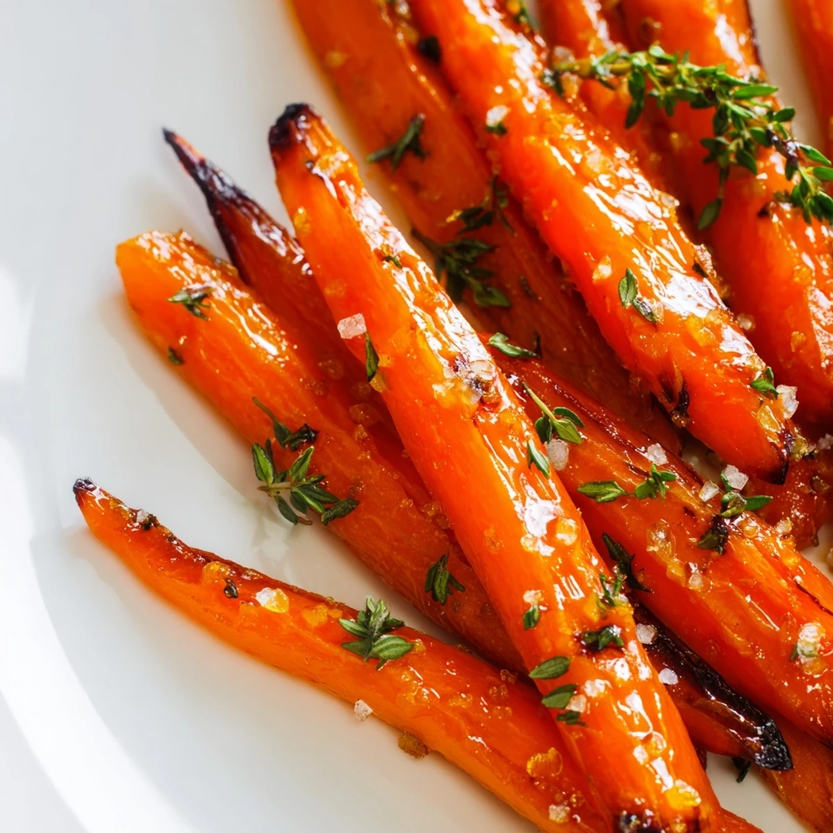 Tender, caramelized roasted carrots with honey and thyme served warm alongside roasted chicken for dinner.