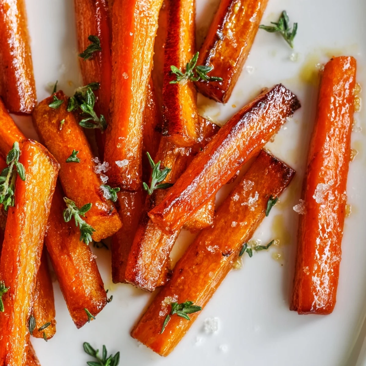 Close-up of roasted carrots with honey and thyme showing slightly charred edges and fresh thyme sprigs.
