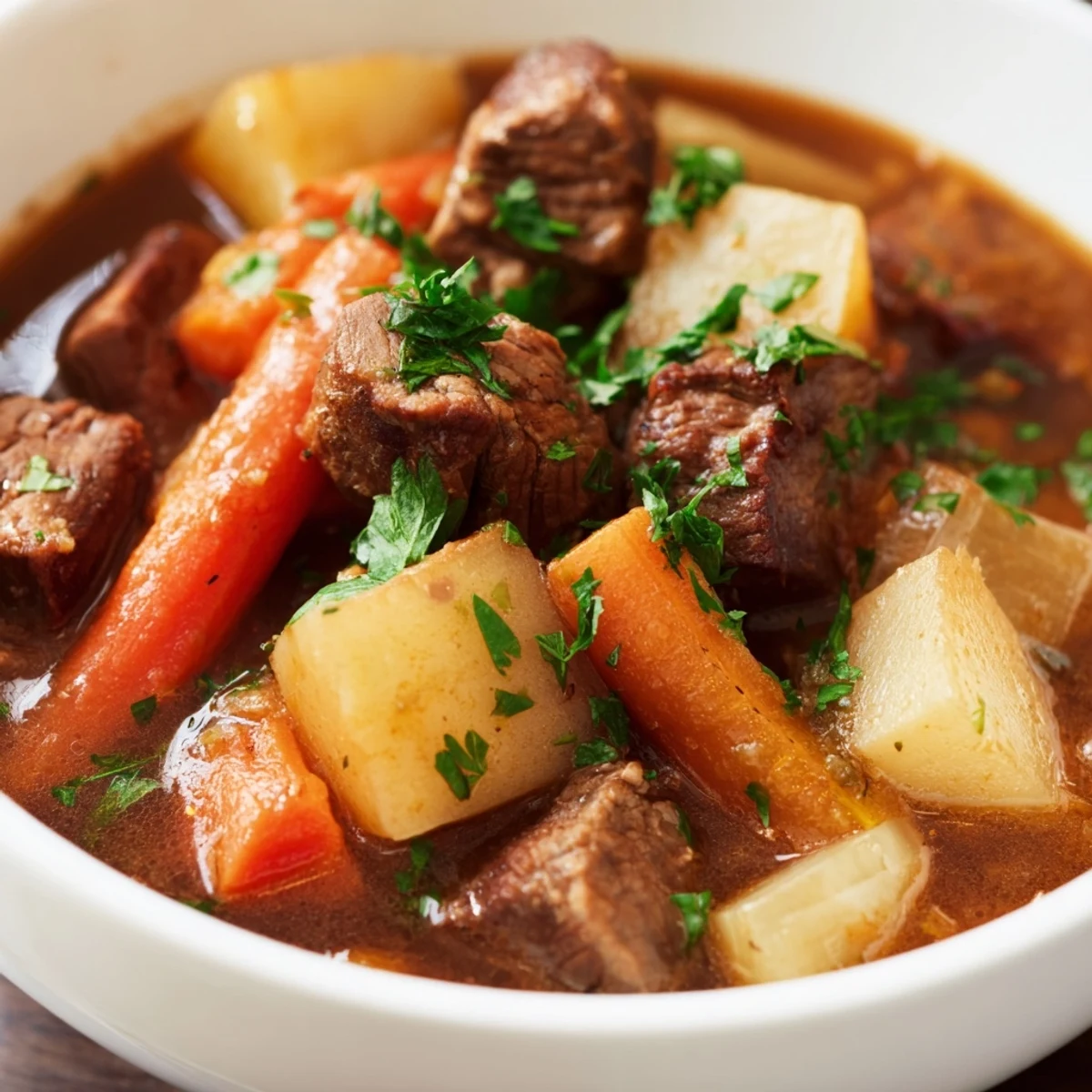 Golden brown beef cubes and colorful root vegetables simmer in a rich, dark broth inside a slow cooker for a comforting meal.