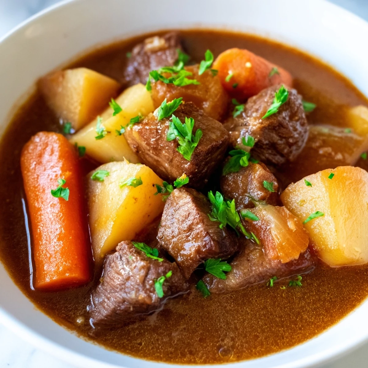 A bowl of Slow Cooker Beef Stew with Root Vegetables topped with fresh parsley, served alongside a slice of rustic bread.