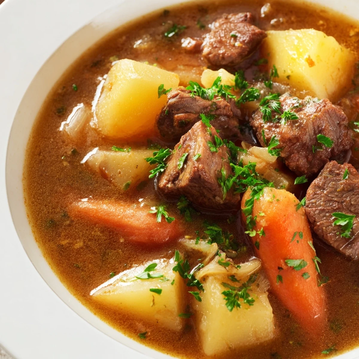 Tender chunks of beef, carrots, and potatoes in a hearty Slow Cooker Beef Stew, garnished with thyme and ready to serve.