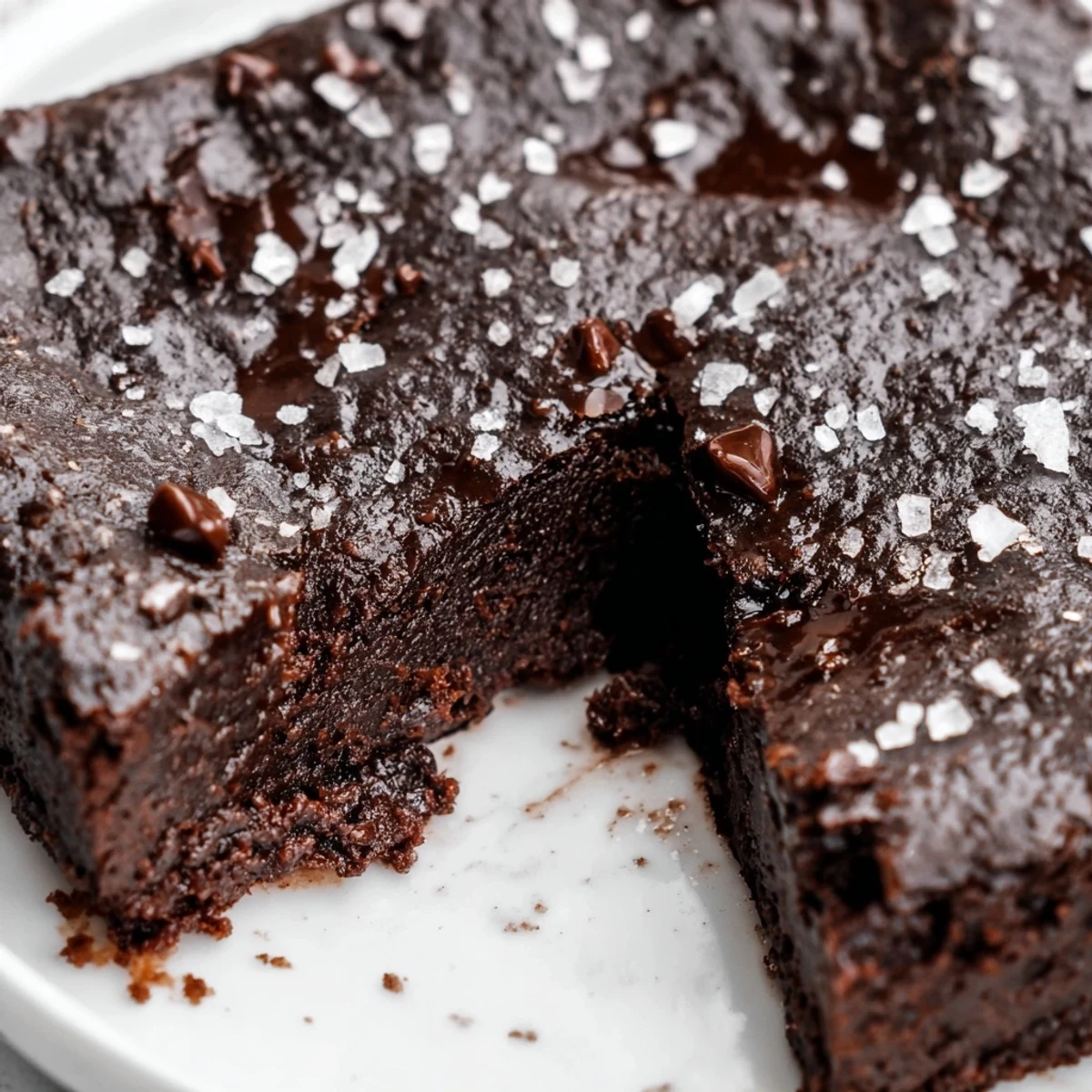 A warm stack of Chocolate Fudge Brownies with Sea Salt is topped with melting vanilla ice cream and a drizzle of chocolate.