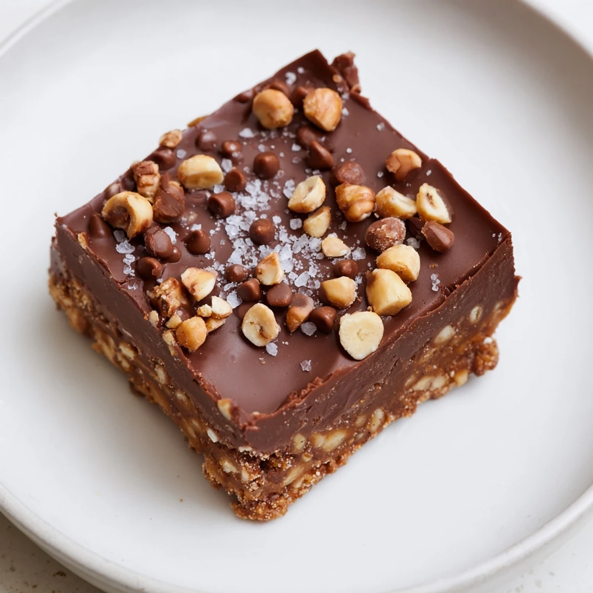 Slice of Chocolate Treat Bar showing a rich chocolate layer on a crunchy biscuit base, sprinkled with chopped nuts. 