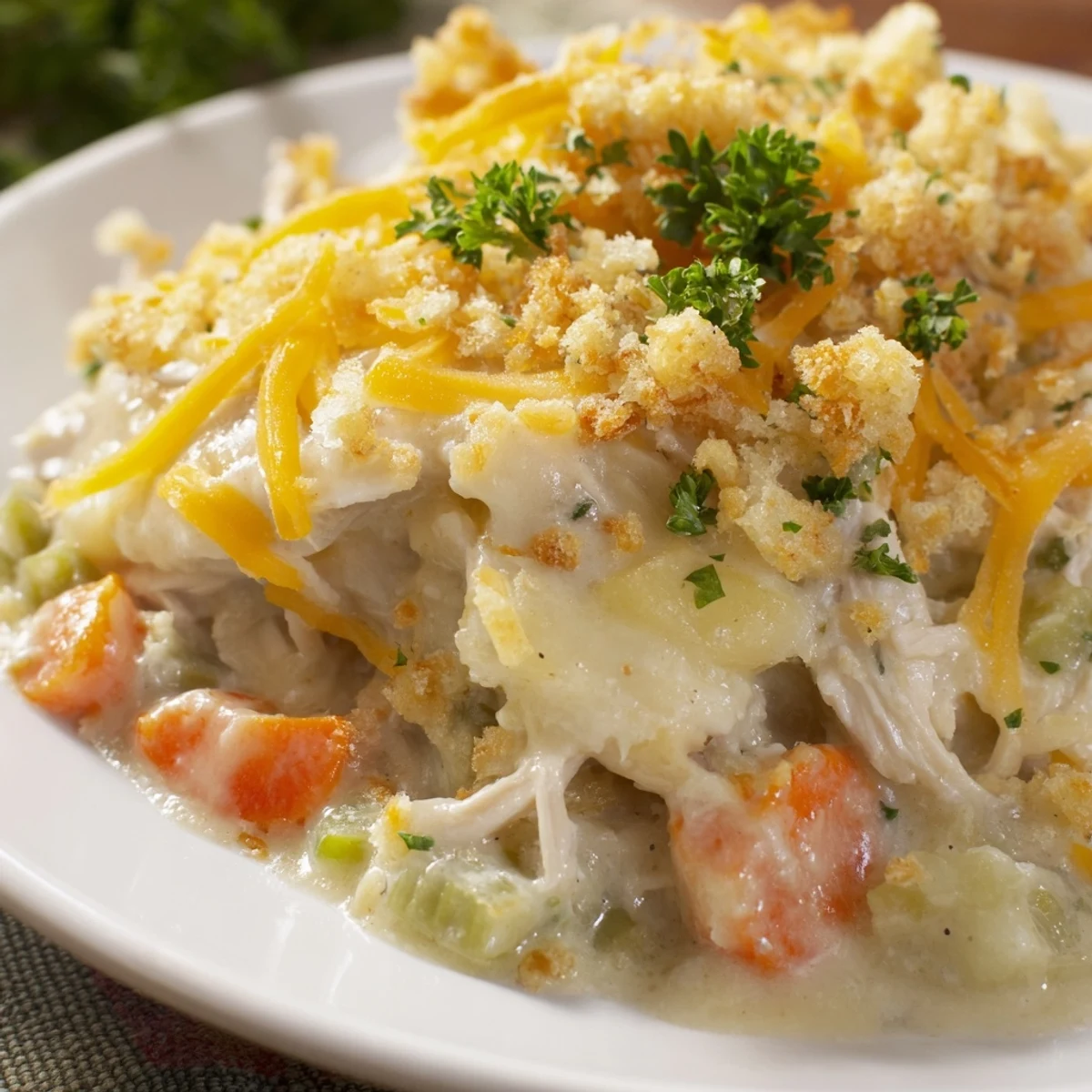 Golden brown Turkey Dish Casserole with melted cheddar and parsley garnish, fresh from the oven.