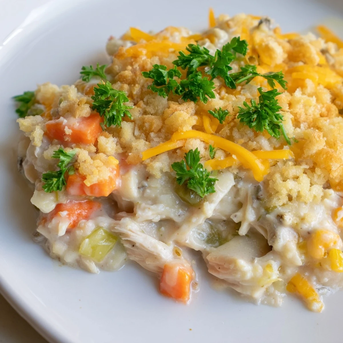 Bubbling Turkey Dish Casserole in a baking dish, featuring tender turkey, peas, and a crispy breadcrumb topping.