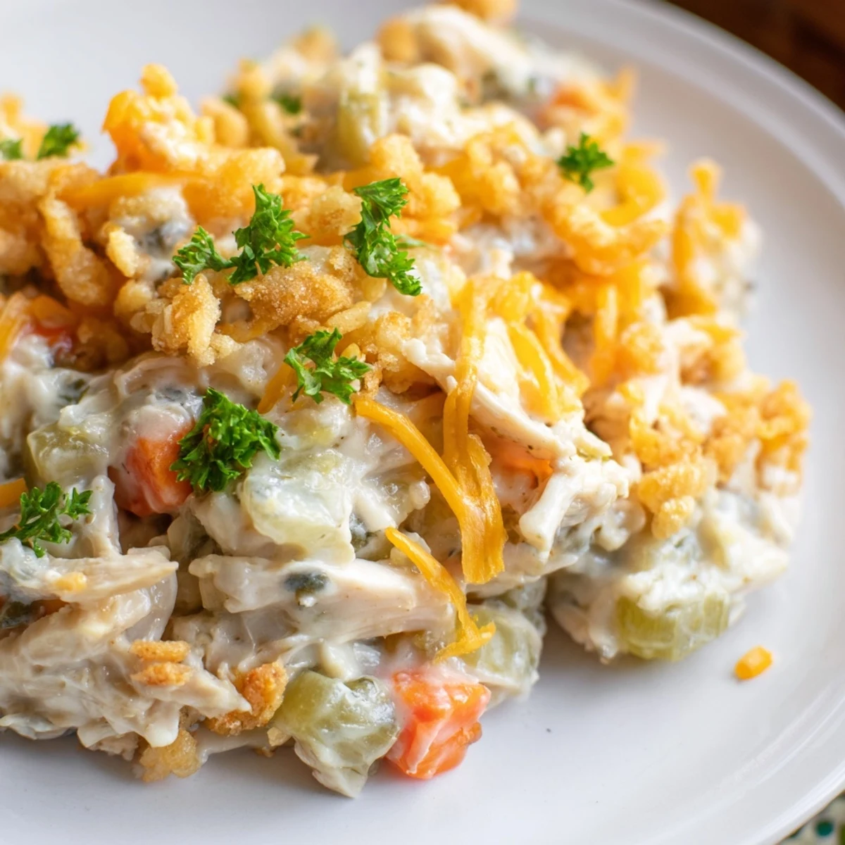 A hearty Turkey Dish Casserole with creamy turkey filling, served hot for a family weeknight dinner.