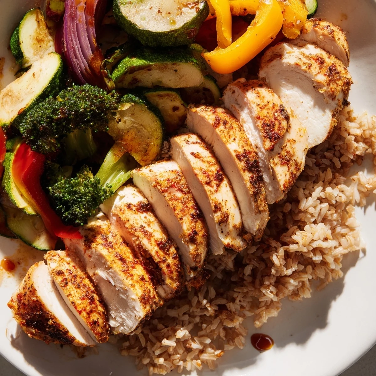 Golden-brown seasoned chicken breast, vibrant roasted bell peppers and zucchini, and fluffy brown rice in glass meal prep containers with a honey soy drizzle.