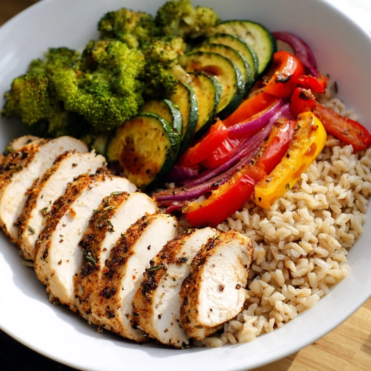 Sliced herb-seasoned chicken, colorful roasted vegetables, and steaming brown rice in a meal prep container, perfect with a spicy honey soy sauce.
