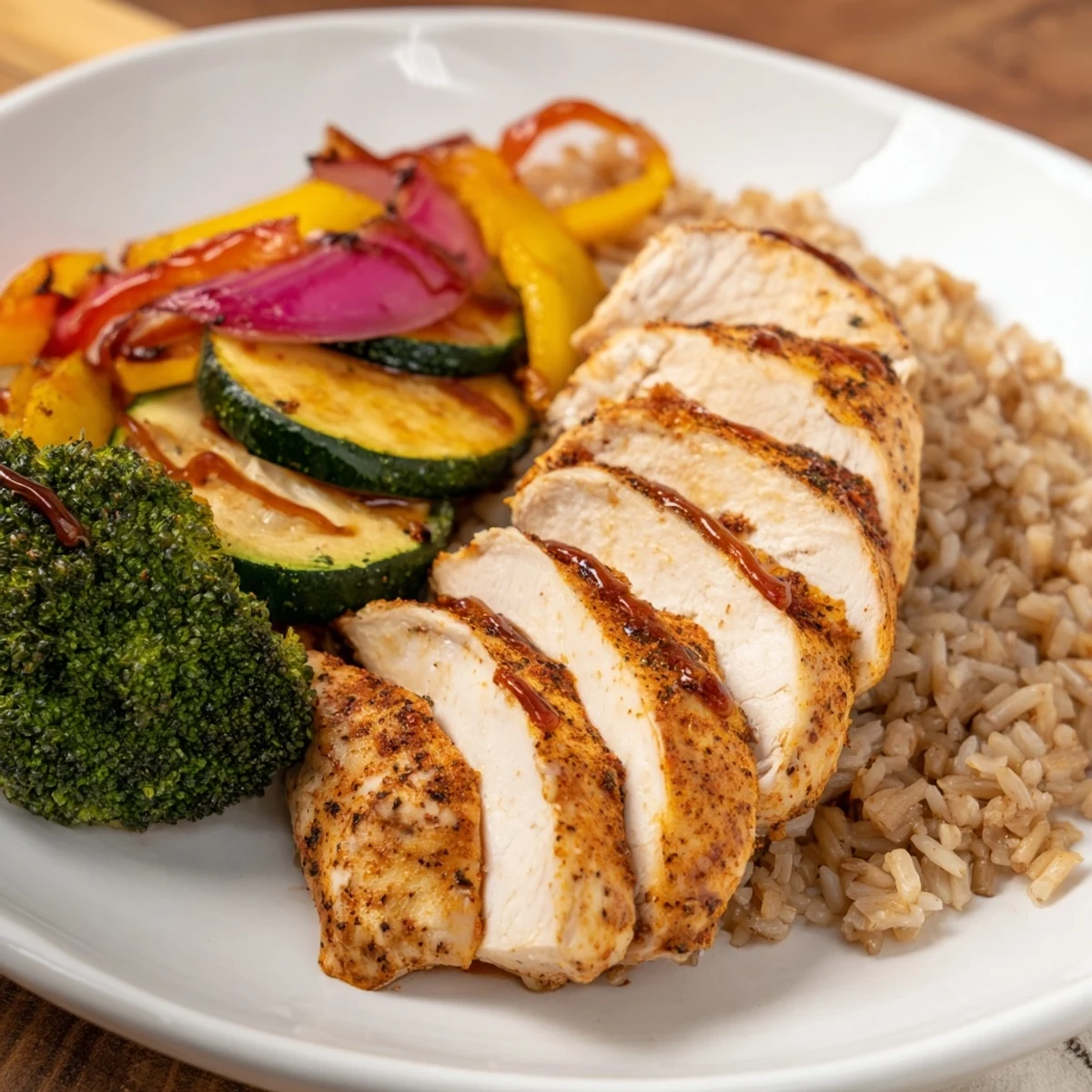 Fork-tender baked chicken breast with roasted broccoli and red onion, served alongside fluffy rice for an easy high-protein weekday meal prep.
