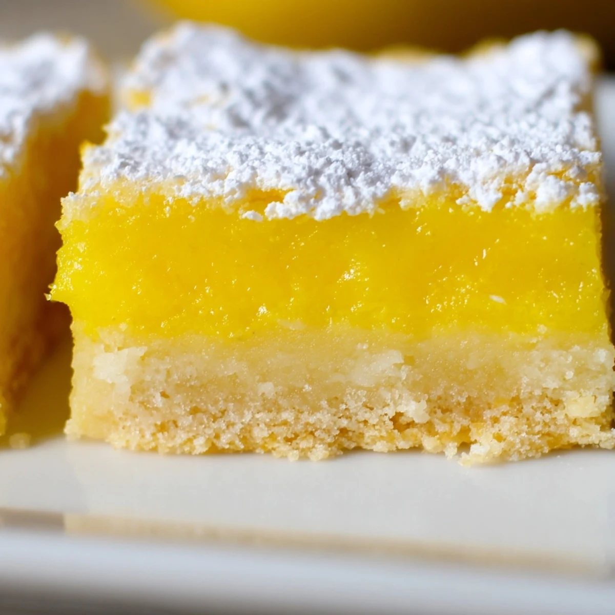 Freshly baked Lemon Dessert Bars with golden shortbread crust, vibrant yellow filling, and a snowy powdered sugar dusting on top.