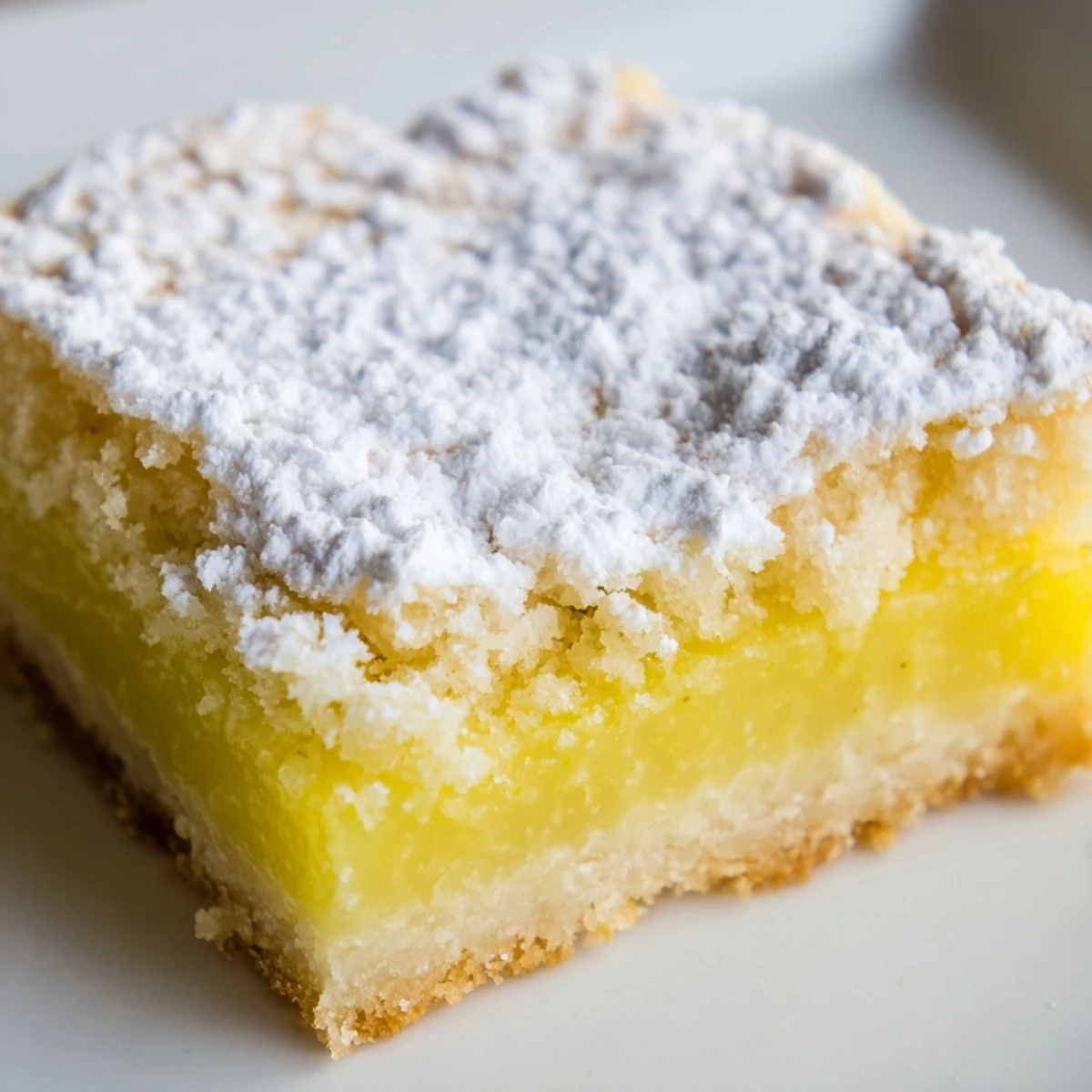 Close-up of Lemon Dessert Bars showing tangy lemon filling over buttery crust, served on a rustic white plate.
