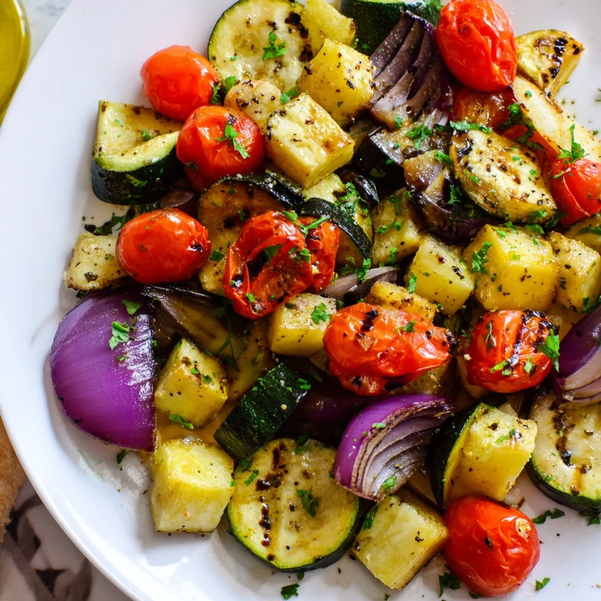 Roasted Vegetable Medley bursting with colorful carrots, bell peppers, and onions from a hot oven.