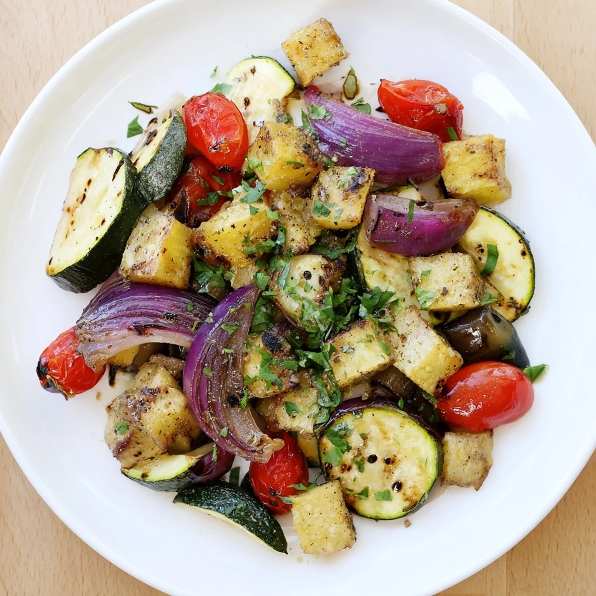 Close-up of Roasted Vegetable Medley on a sheet pan, glistening with herbs and caramelized edges.
