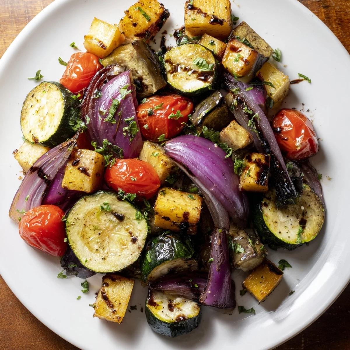 Golden Roasted Vegetable Medley served in a white bowl, finished with fresh parsley and balsamic.