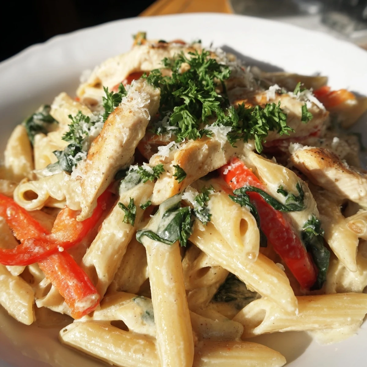 Close-up of Creamy Meal Pasta showing creamy sauce, vegetables, and juicy chicken, ready for a weeknight dinner.