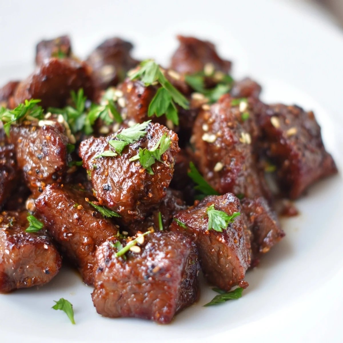 Golden brown Beef Treat Bites, glazed with a savory honey soy marinade and garnished with fresh parsley.
