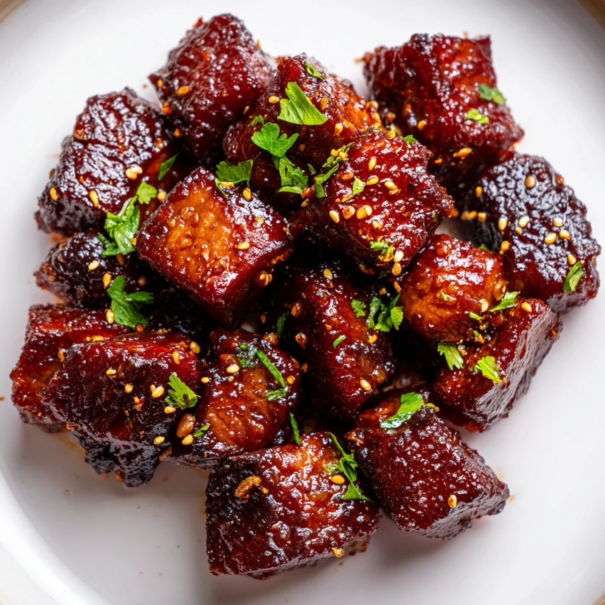 Tender, bite-sized Beef Treat Bites served warm on a baking sheet, lightly dusted with sesame seeds.