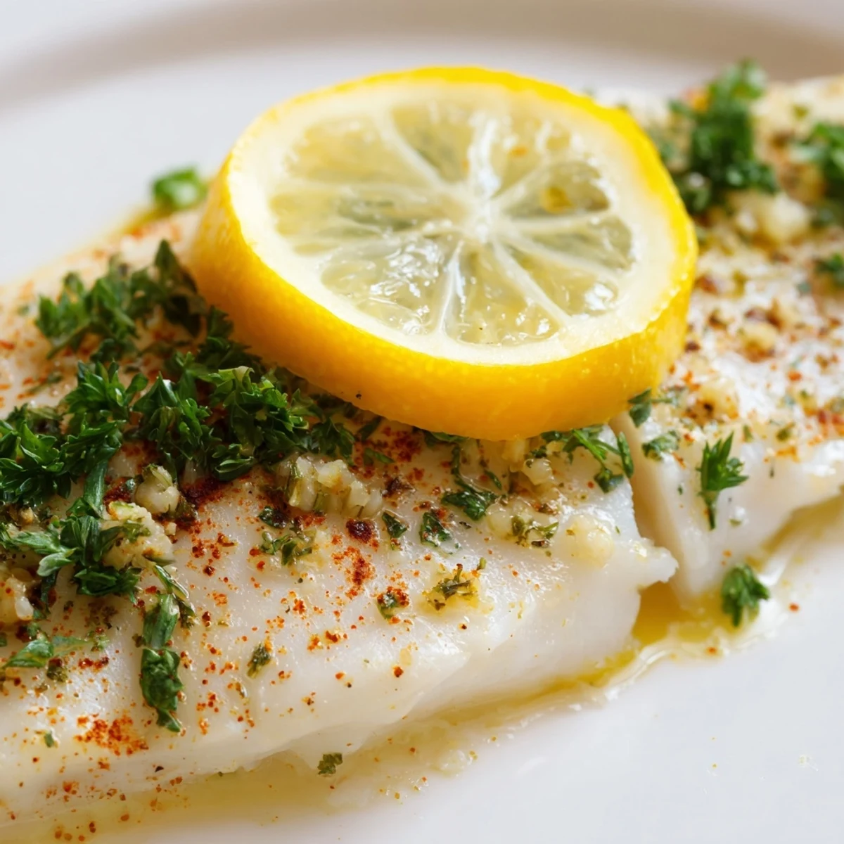 Golden baked fish fillet topped with lemon slices and fresh parsley on a baking tray.