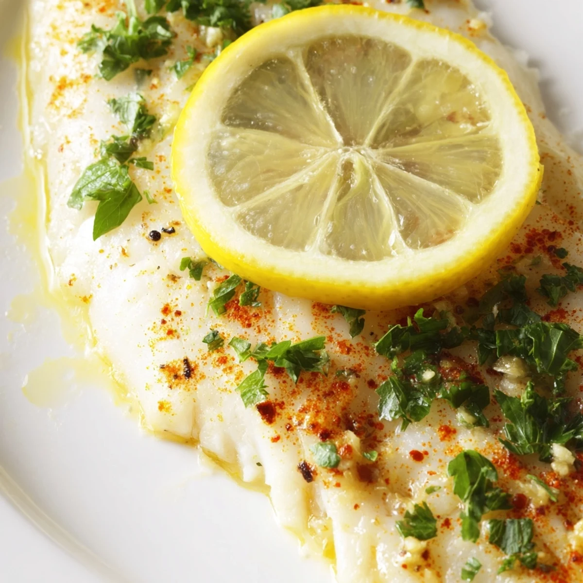 Sizzling baked fish fillet with garlic and herbs on a baking tray, ready to serve.
